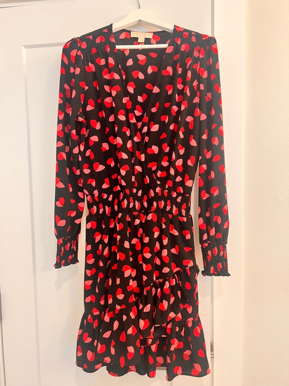 Michael Kors Black Ruffled mini dress with Red & Pink heart Print Size L